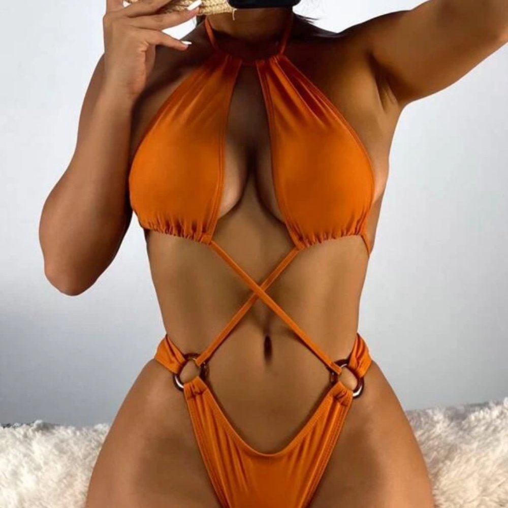 Orange Criss Cross Ring Linked Halter One Piece Small Swimsuit (NWOT)